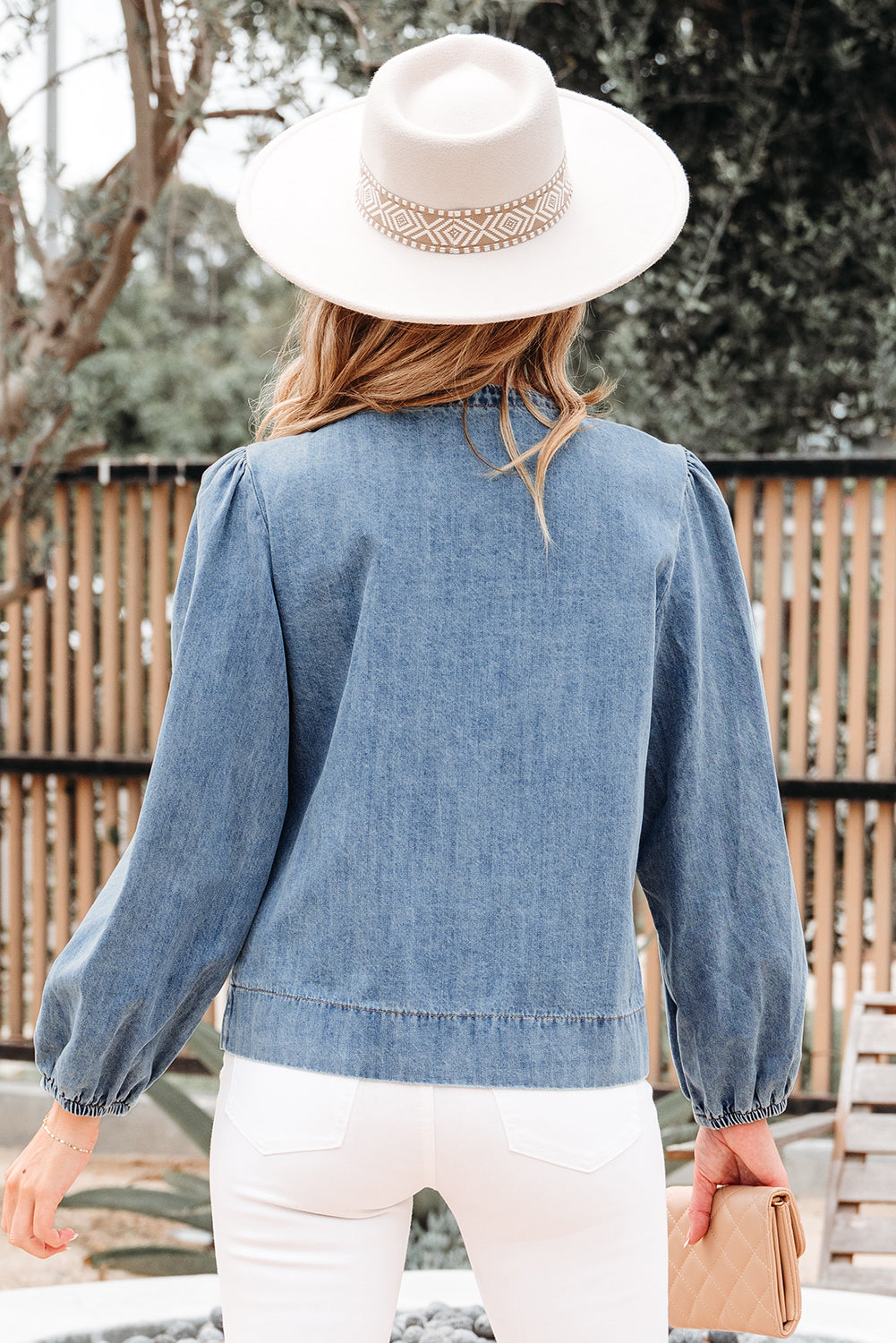 Oakley Tied Front Long Puff Sleeve Denim Top-1