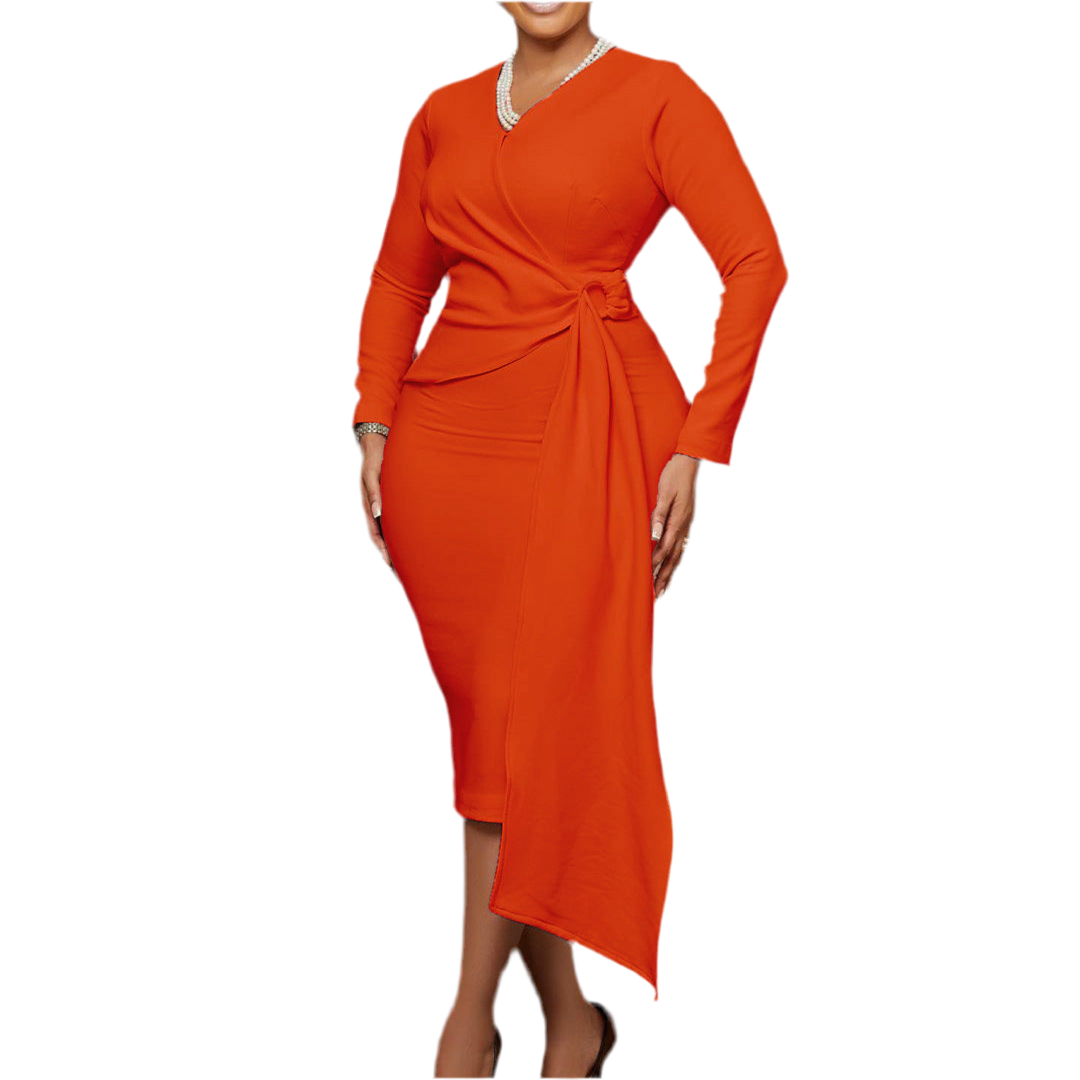 Women's Fashion Plus Size V-neck Long-sleeve Dress