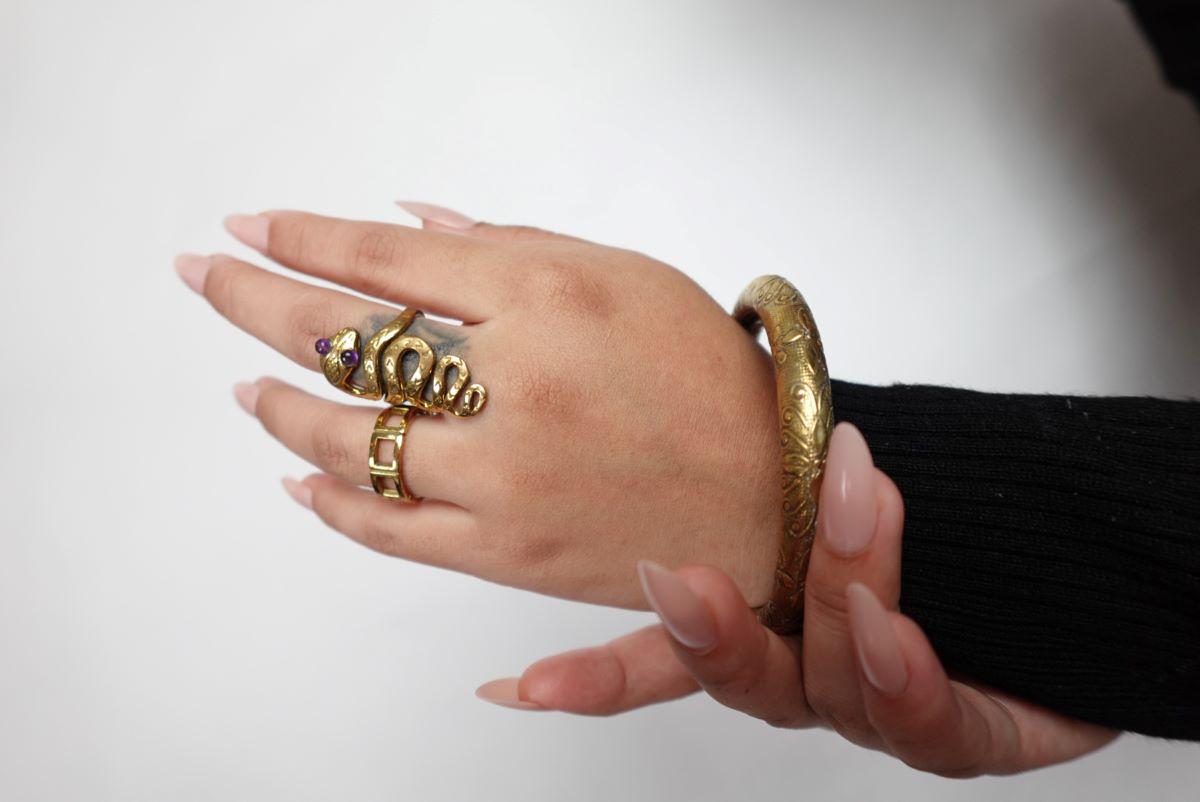 Vintage Boho Gold Snake Ring & Floral Bangle Set – Statement Jewelry for Bold Souls