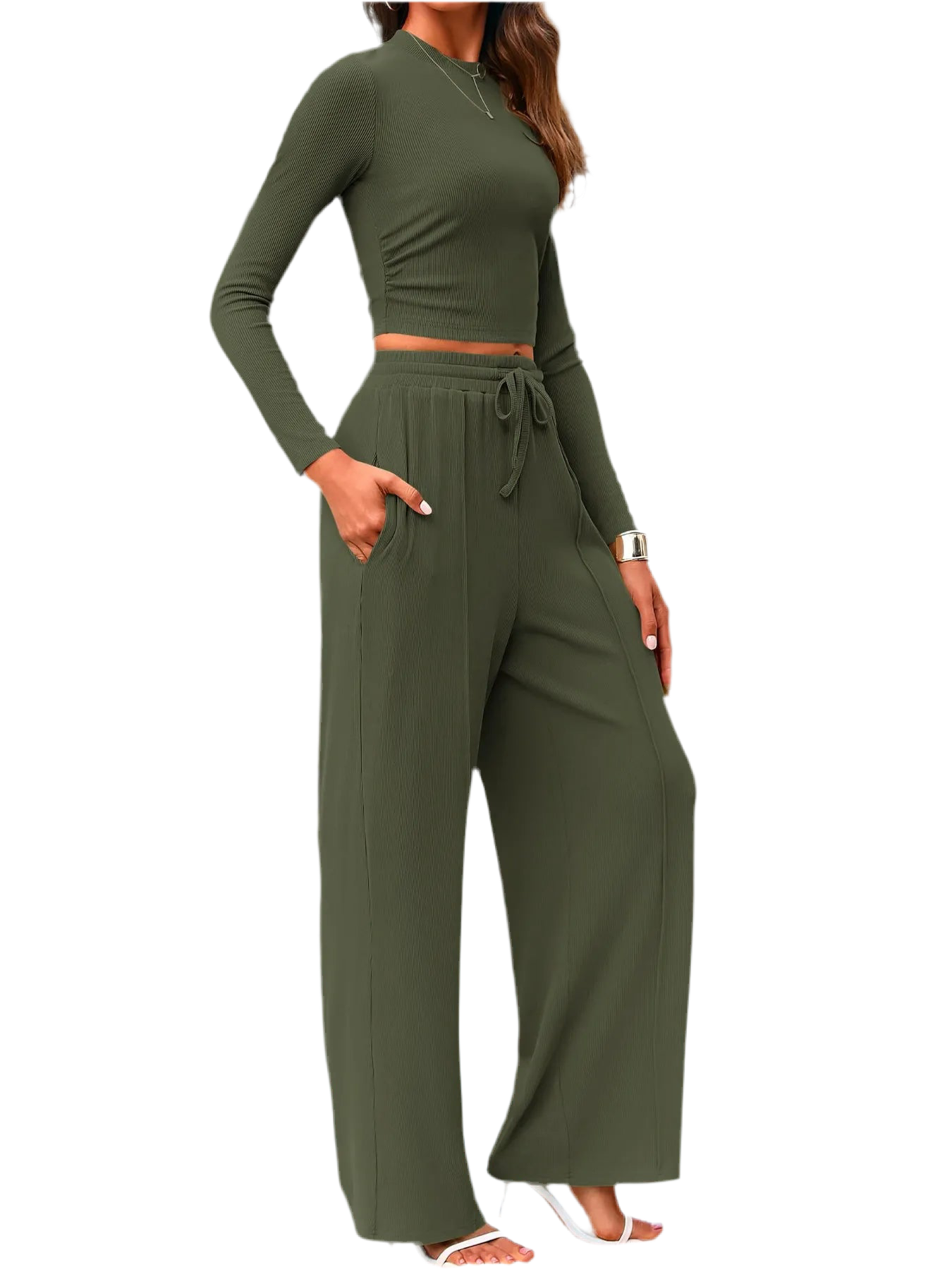 Round Neck Long Sleeve Top and Pants Set