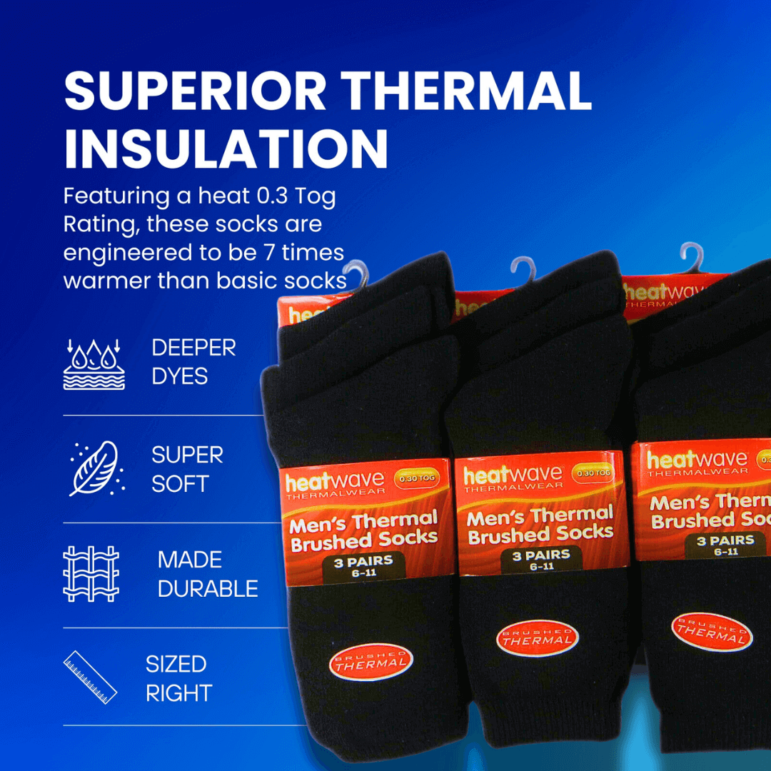 12 Pairs Mens Black Thermal Socks Warm Work Boot Socks Superior Insulation Cold Weather Double Brushed Advanced Knitting Technology Extra Warmth by Heatwave Thermalwear
