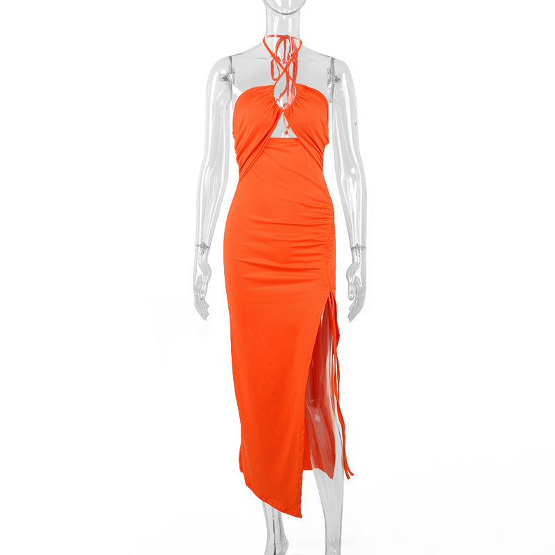 Sexy Halterneck Lace-up Split Dress Summer Y2K Fashion Party Baech Long Dresses For Womens Clothing