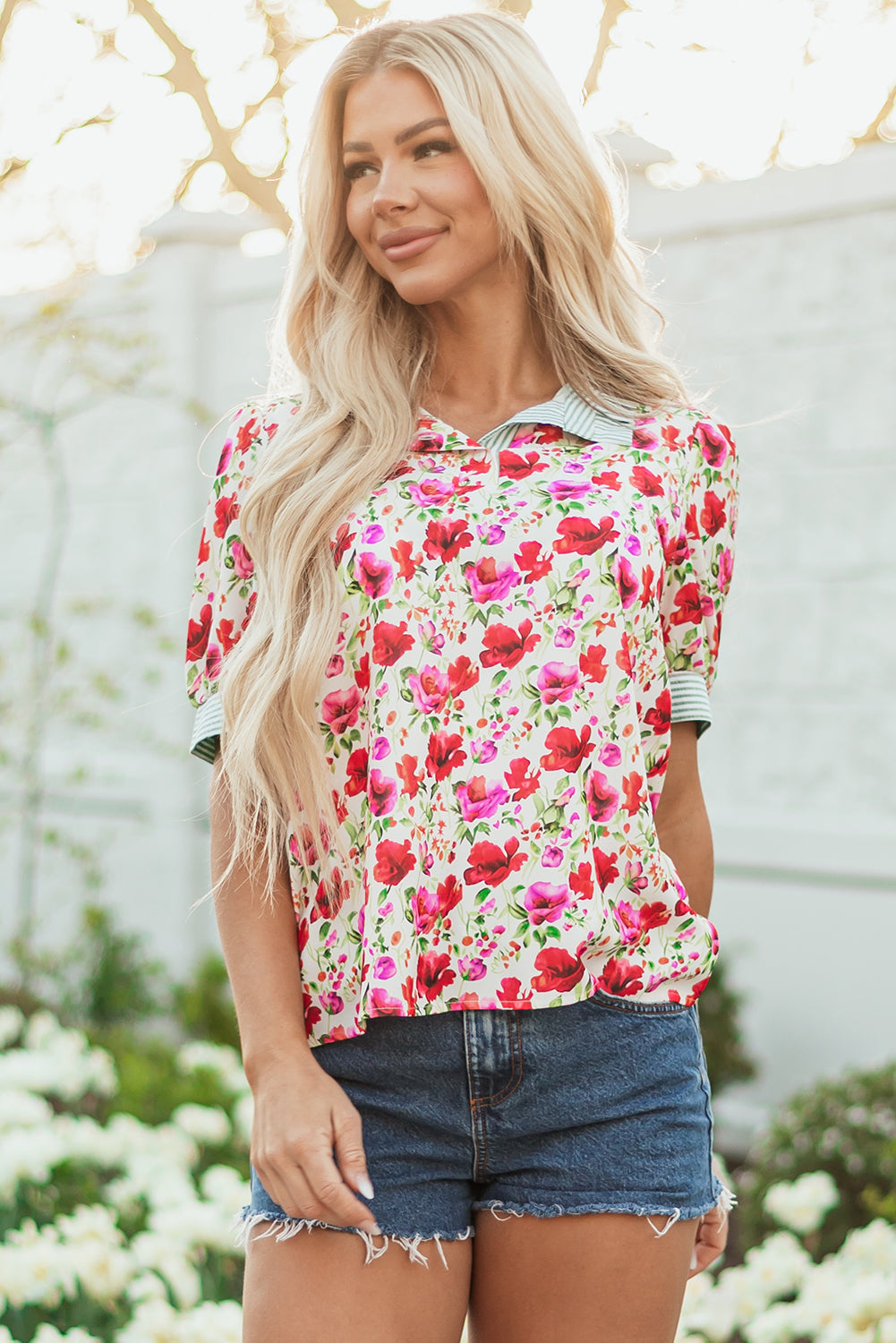 Romy Floral Striped Patchwork Collared Short Sleeve Blouse-3