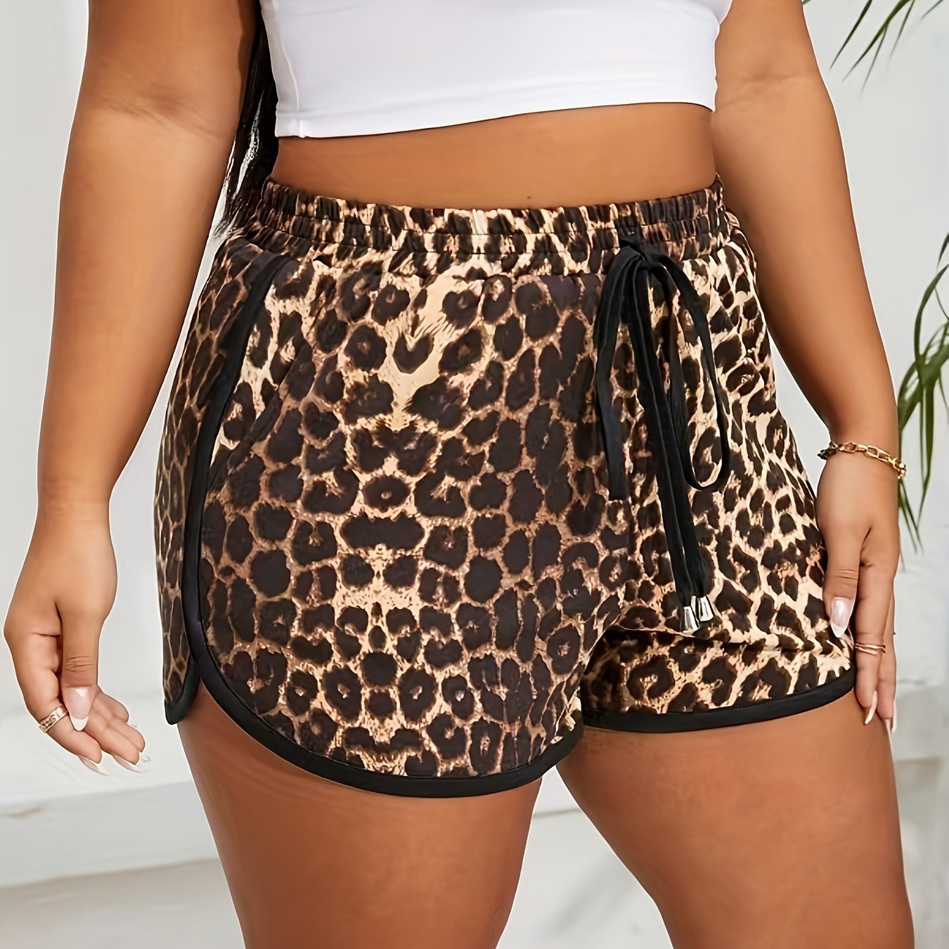 Women's Plus Size Leopard Print High-Waisted Shorts with Drawstring - Casual and Stretchy Polyester Blend for Spring/Summer Fashion