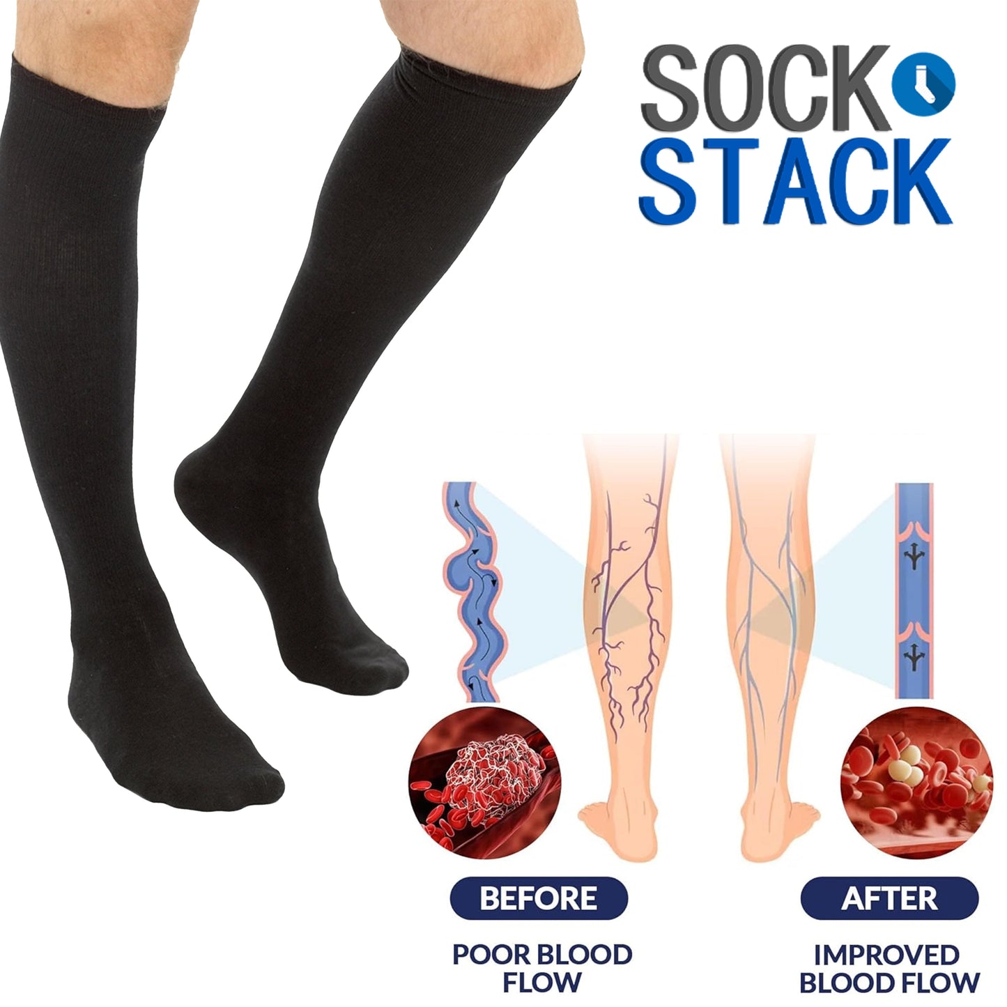2 Pairs Unisex Travel Socks Black Long Knee High Breathable Flight Socks by Sock Stack