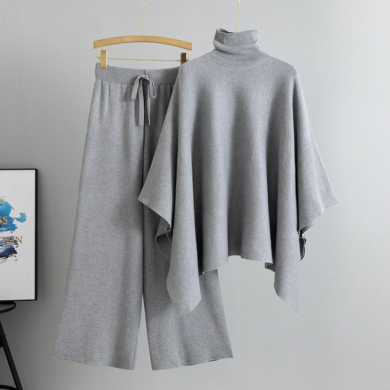 Turtleneck Cape Knitted Wide-leg Pants Elegant Outfit