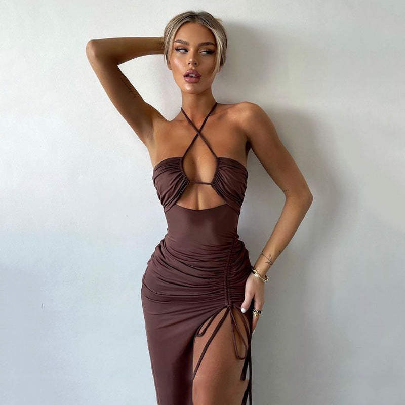 Sexy Halterneck Lace-up Split Dress Summer Y2K Fashion Party Baech Long Dresses For Womens Clothing