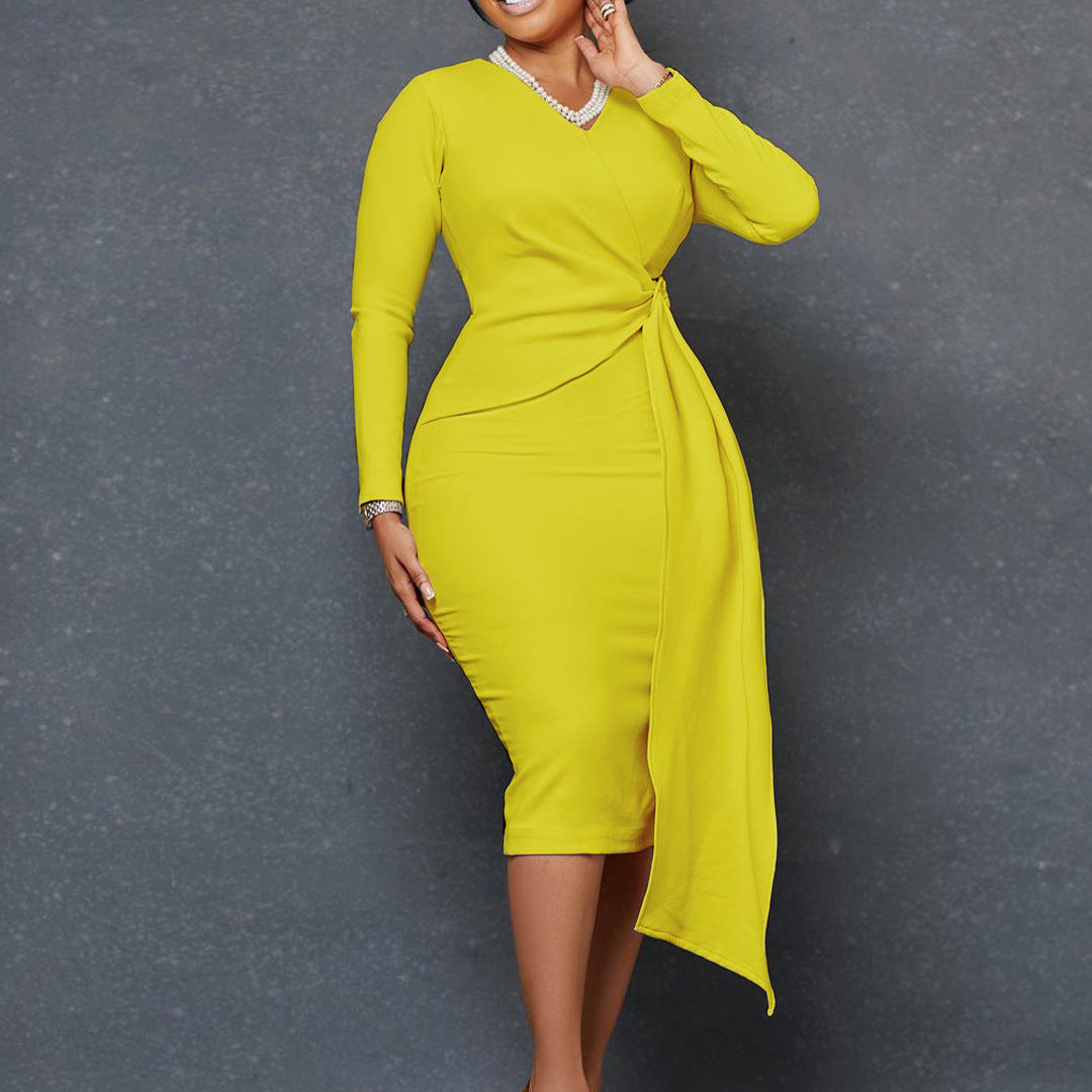 Women's Fashion Plus Size V-neck Long-sleeve Dress
