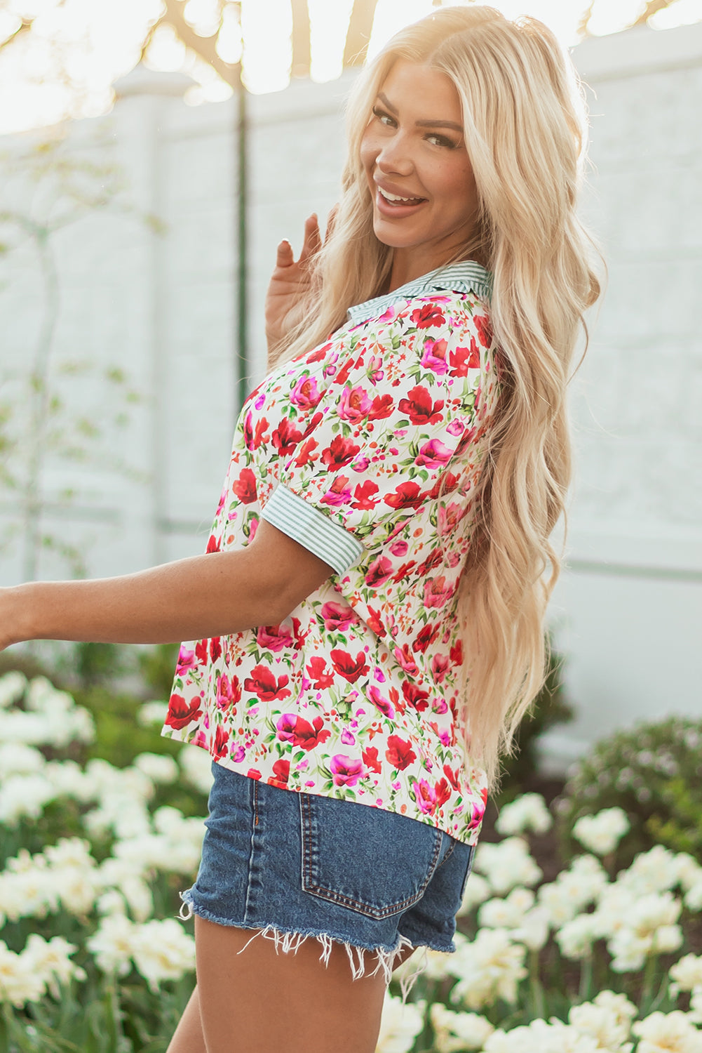 Romy Floral Striped Patchwork Collared Short Sleeve Blouse-2