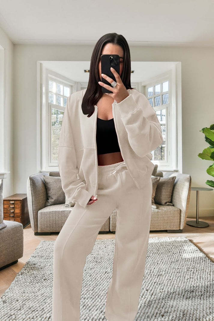 Women's Oversized Fleece Bomber Tracksuit Zipper Jacket & Wide-Leg Pants Set
