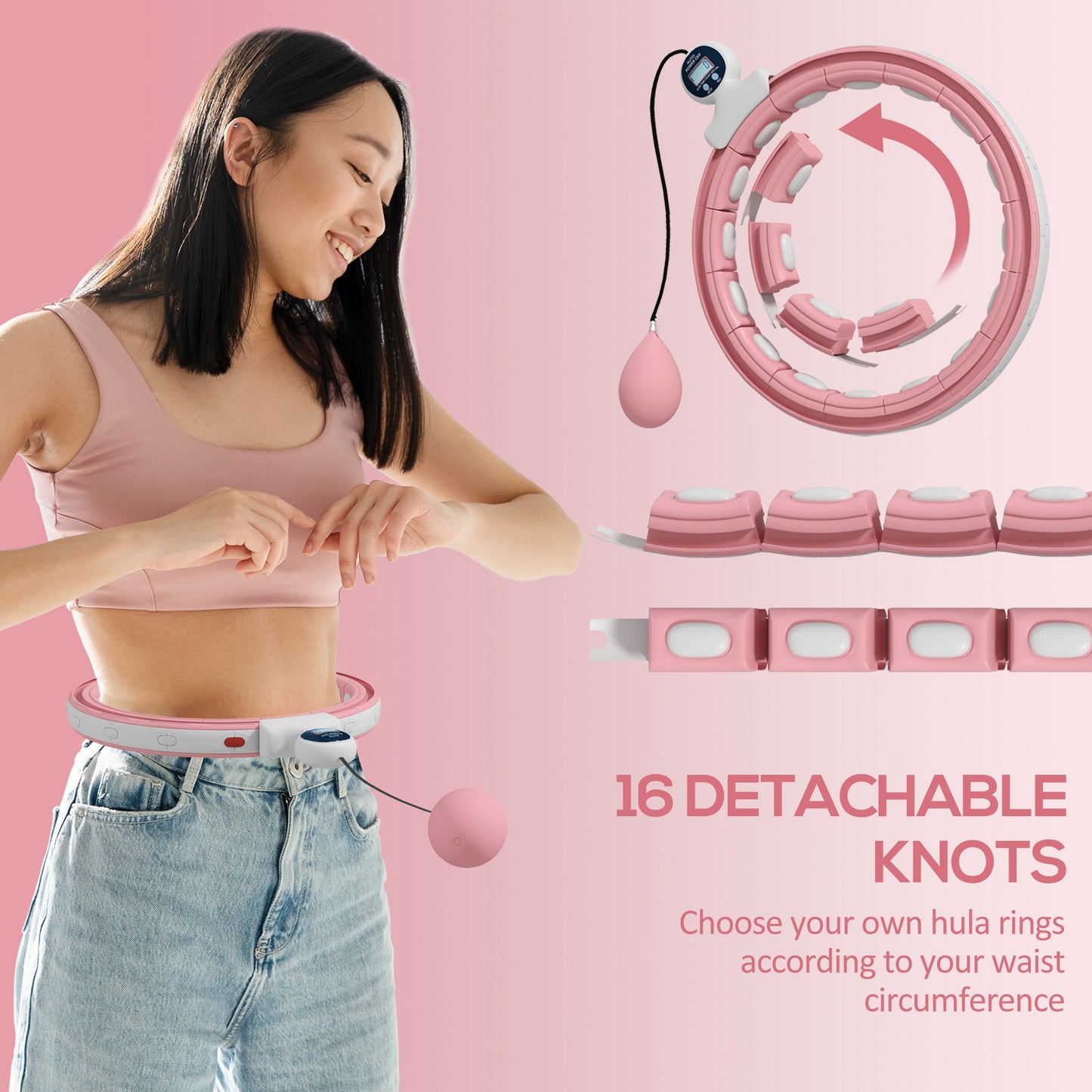 SPORTNOW Weighted Smart Hula Hoop, Massage Hula Ring with 16 Detachable Knots, 360° Auto-Rotating Ball and Digital Counter-3