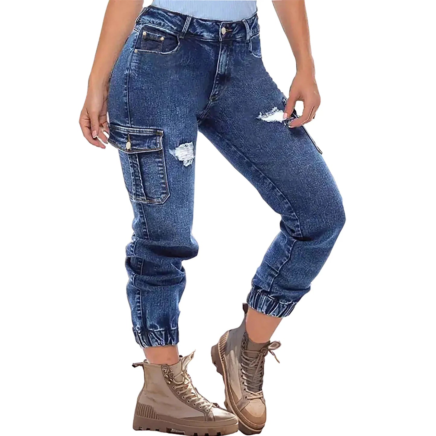 Women's Distressed Stretch Cropped Denim Jeans-Fashionable Elastic Cuff, Multi-Pocket Casual Cargo Pants Sporty Wear Jeans T16