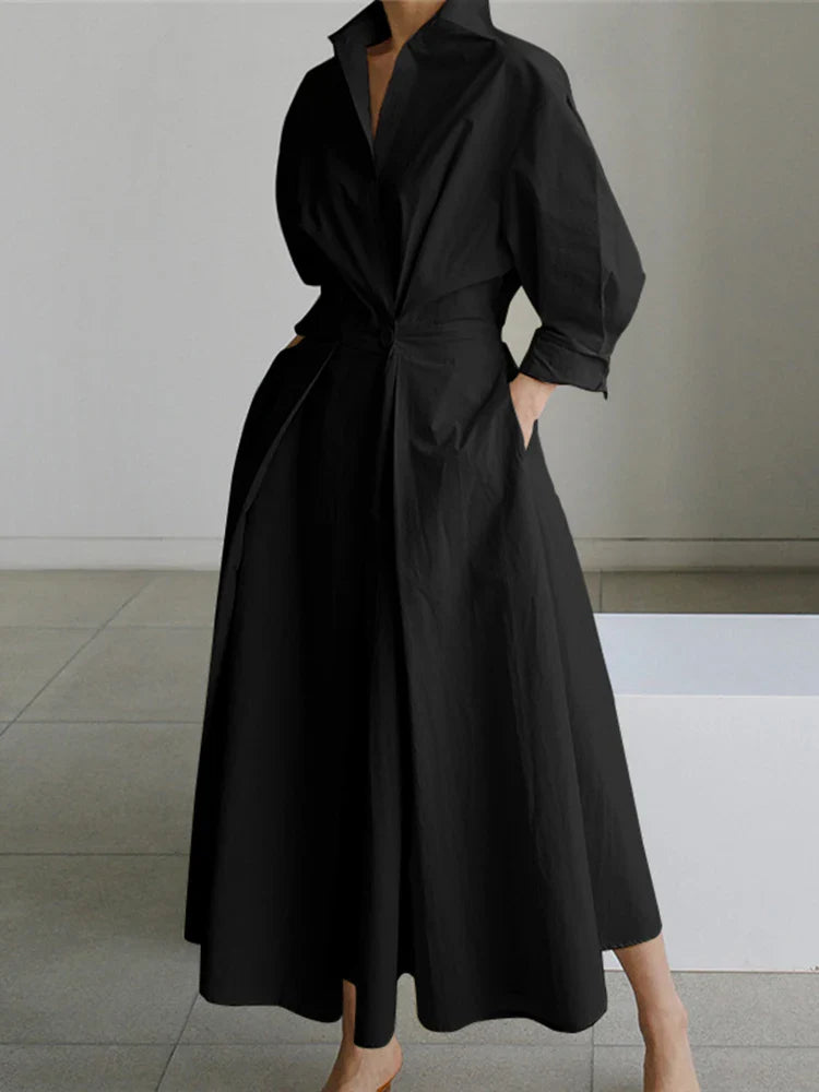 Women Autumn Sundress 2023 Elegant Shirt Dress Solid Long Sleeve Maxi Vestidos Female Casual High Waist Robe Oversize 7
