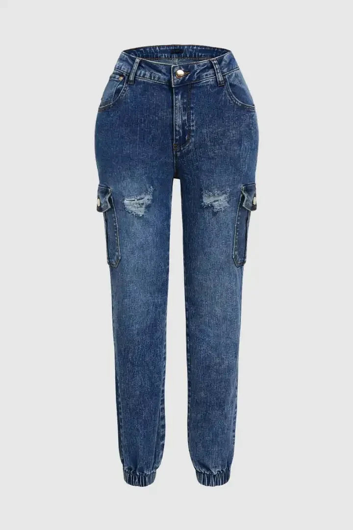 Women's Distressed Stretch Cropped Denim Jeans-Fashionable Elastic Cuff, Multi-Pocket Casual Cargo Pants Sporty Wear Jeans T16