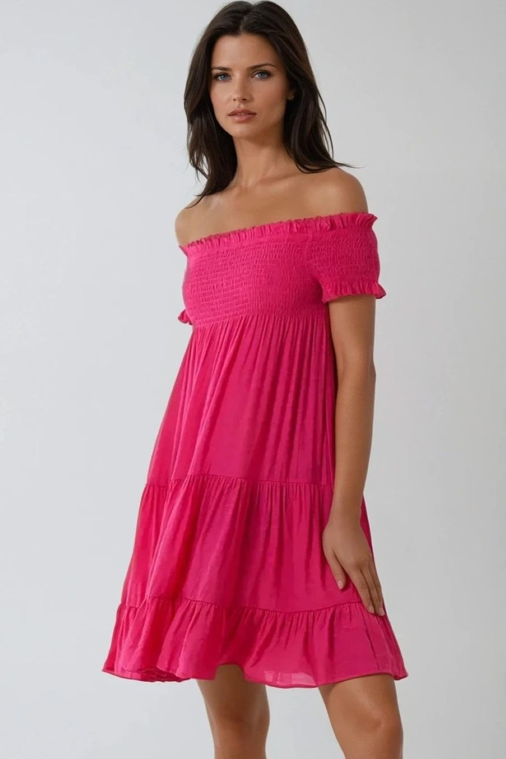 Fuchsia Bardot Shirred Mini Dress-1