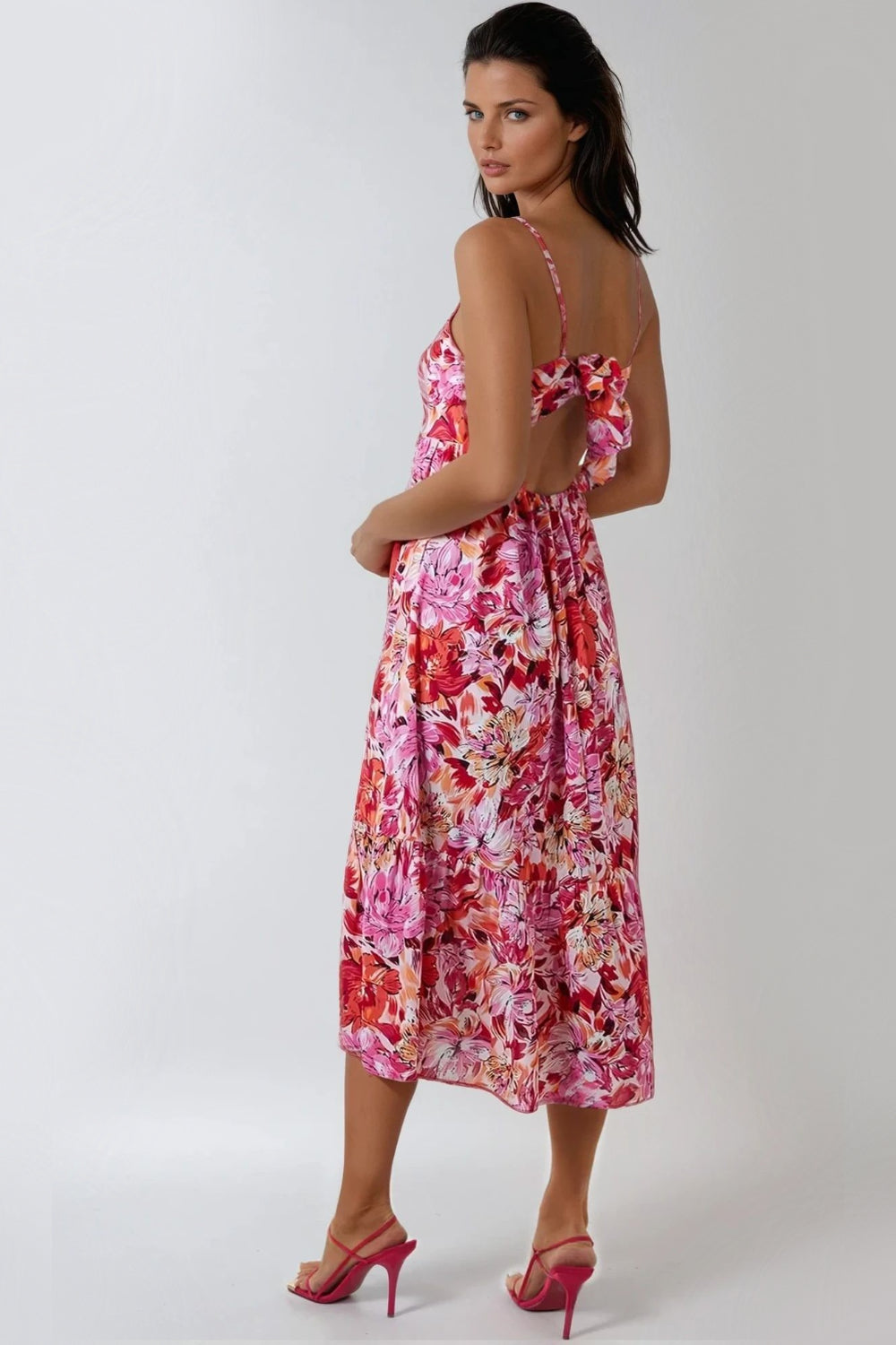 Pink Floral Cami Midi Dress With Cut Out Back-3