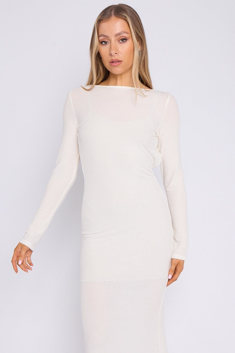 White Long Sleeve Stretch Maxi Dress-2