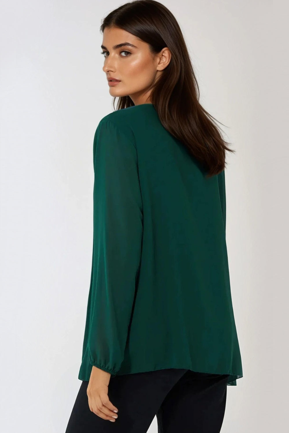 Green Pleated Long Sleeve Blouse With Necklace-1