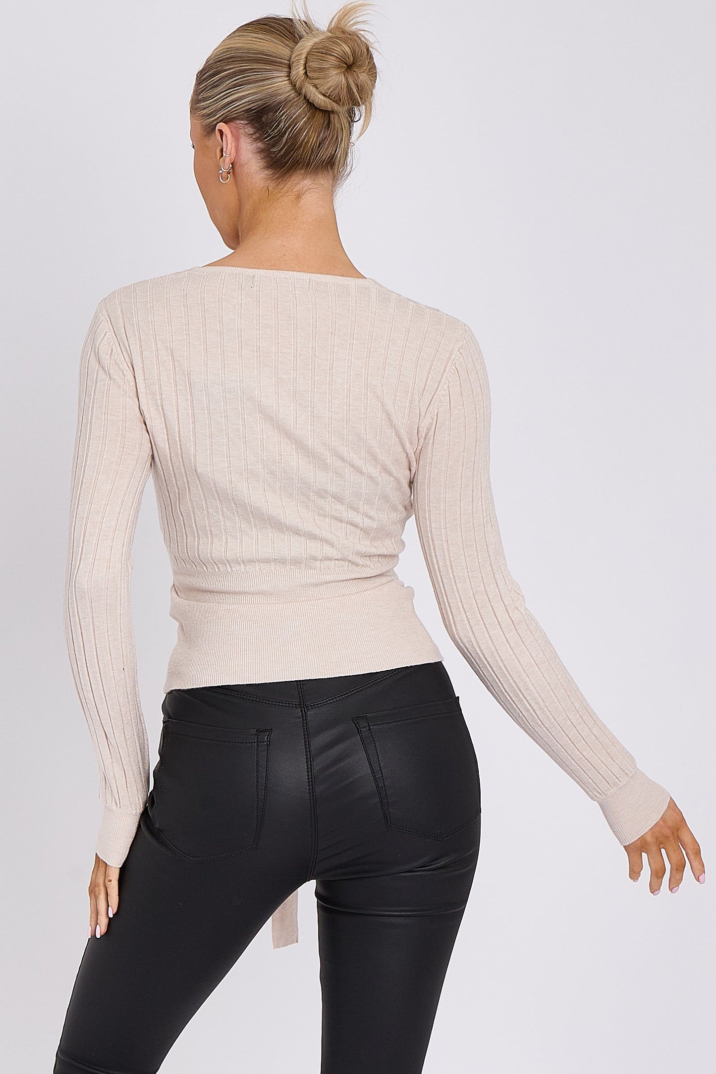 Beige Rib Knit Wrap Jumper with Tie Belt-4