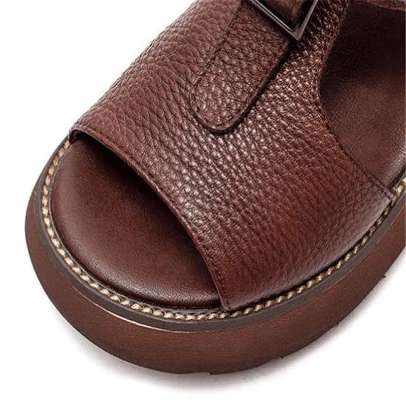 Vintage Genuine Leather Sandals Mid Heel Summer Fish Mouth Ladies Shoes Summer Shoes Casual Mother Sandals