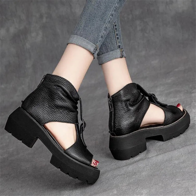 Vintage Genuine Leather Sandals Mid Heel Summer Fish Mouth Ladies Shoes Summer Shoes Casual Mother Sandals