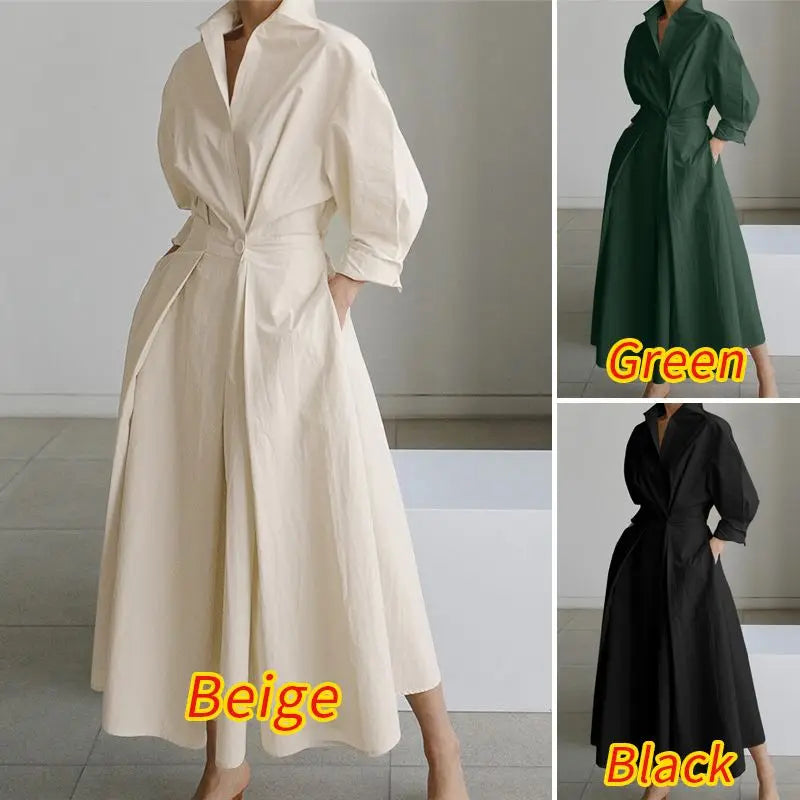 Women Autumn Sundress 2023 Elegant Shirt Dress Solid Long Sleeve Maxi Vestidos Female Casual High Waist Robe Oversize 7