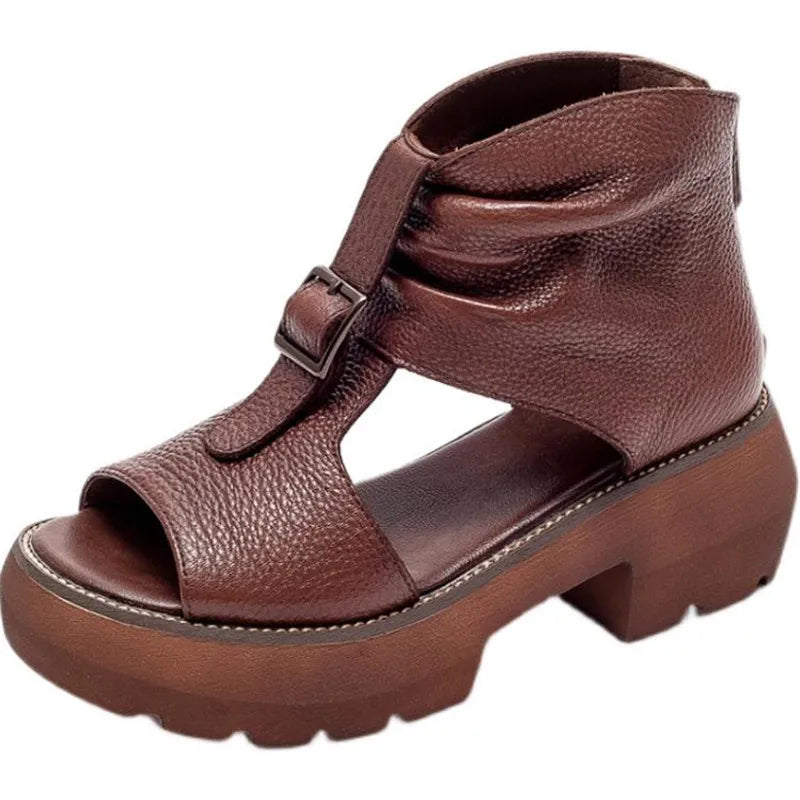 Vintage Genuine Leather Sandals Mid Heel Summer Fish Mouth Ladies Shoes Summer Shoes Casual Mother Sandals