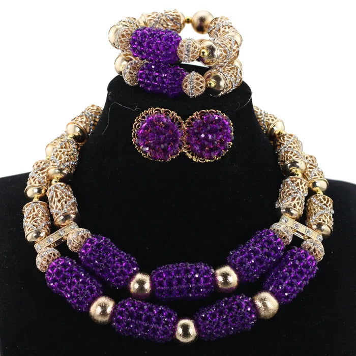 Stud Earrings Women African Nigerian Jewelry Set 2 Rows Layers Purple Necklace Bracelet Jewelry Set for Wedding ABH377