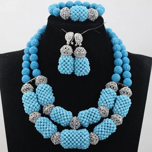 Stud Earrings Women African Nigerian Jewelry Set 2 Rows Layers Purple Necklace Bracelet Jewelry Set for Wedding ABH377