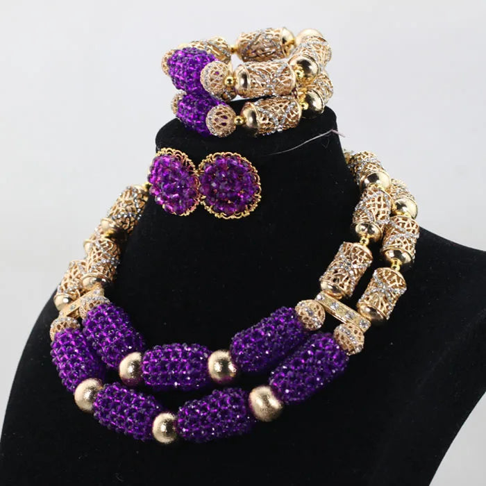 Stud Earrings Women African Nigerian Jewelry Set 2 Rows Layers Purple Necklace Bracelet Jewelry Set for Wedding ABH377