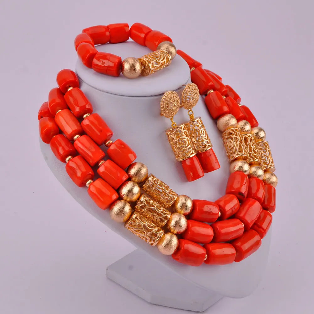 splendid orange nigeria coral beads necklace african jewelry set bridal wedding jewelry sets C21-23-01