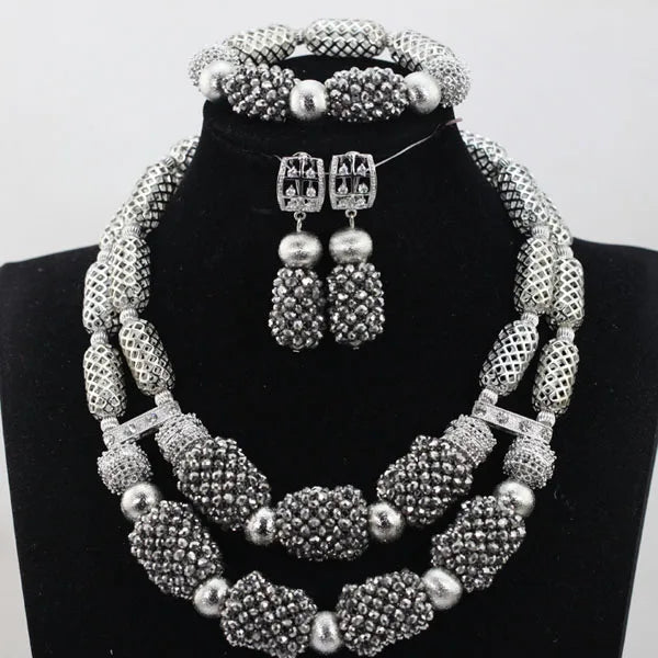 Stud Earrings Women African Nigerian Jewelry Set 2 Rows Layers Purple Necklace Bracelet Jewelry Set for Wedding ABH377