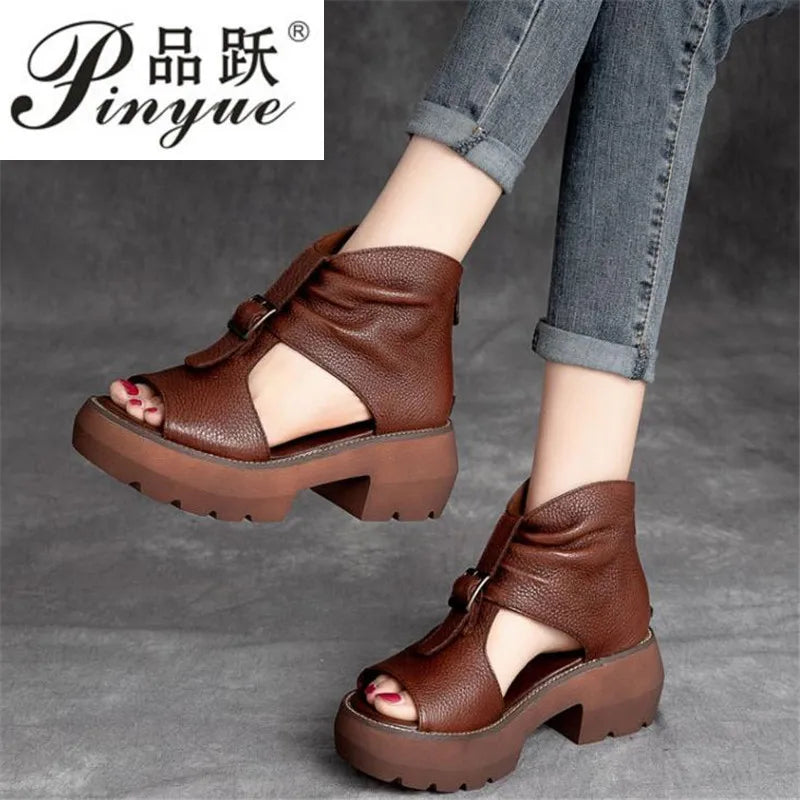 Vintage Genuine Leather Sandals Mid Heel Summer Fish Mouth Ladies Shoes Summer Shoes Casual Mother Sandals