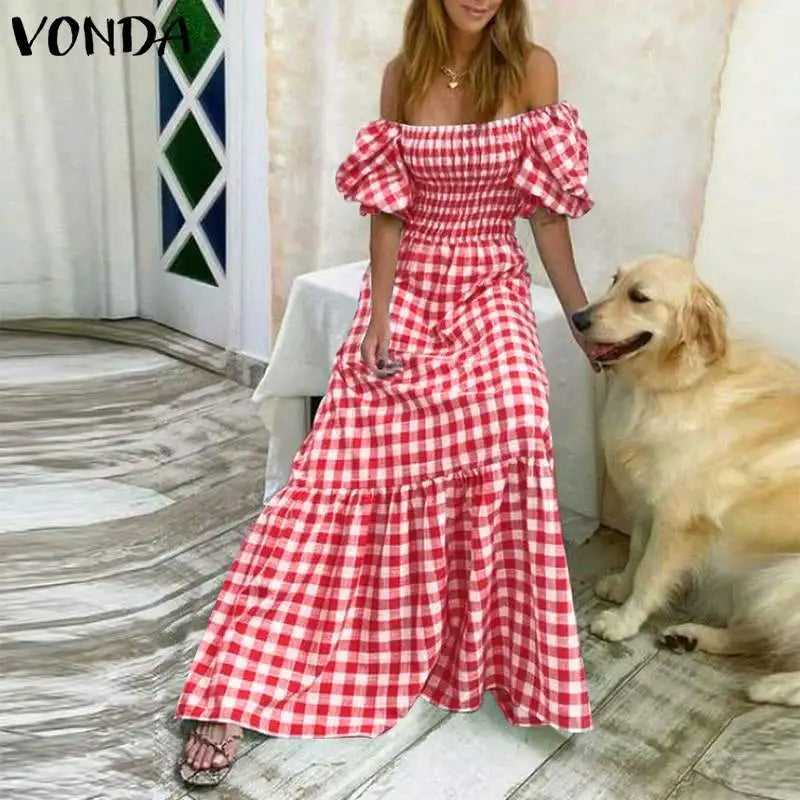 VONDA 2024 Summer Women Maxi Dress Casual Short Sleeve Square Collar Vintage Plaid Party Bohemian Vestidos Loose Long Sundress