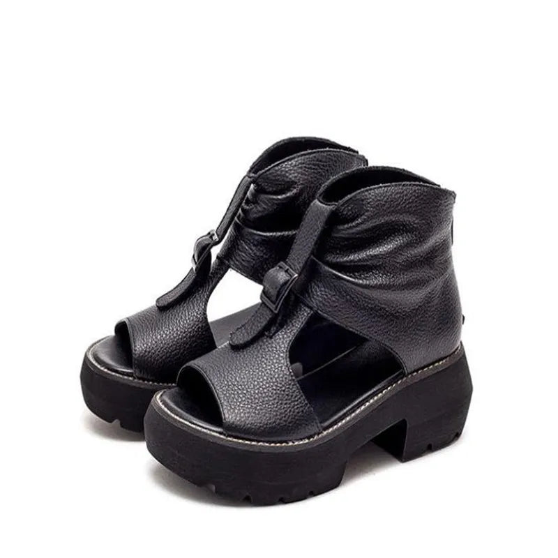 Vintage Genuine Leather Sandals Mid Heel Summer Fish Mouth Ladies Shoes Summer Shoes Casual Mother Sandals