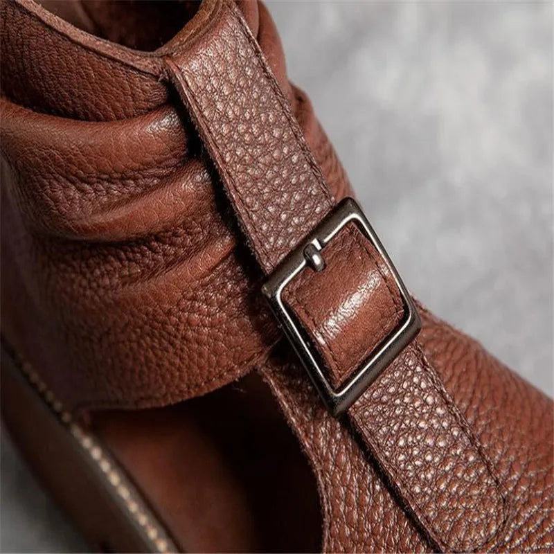 Vintage Genuine Leather Sandals Mid Heel Summer Fish Mouth Ladies Shoes Summer Shoes Casual Mother Sandals