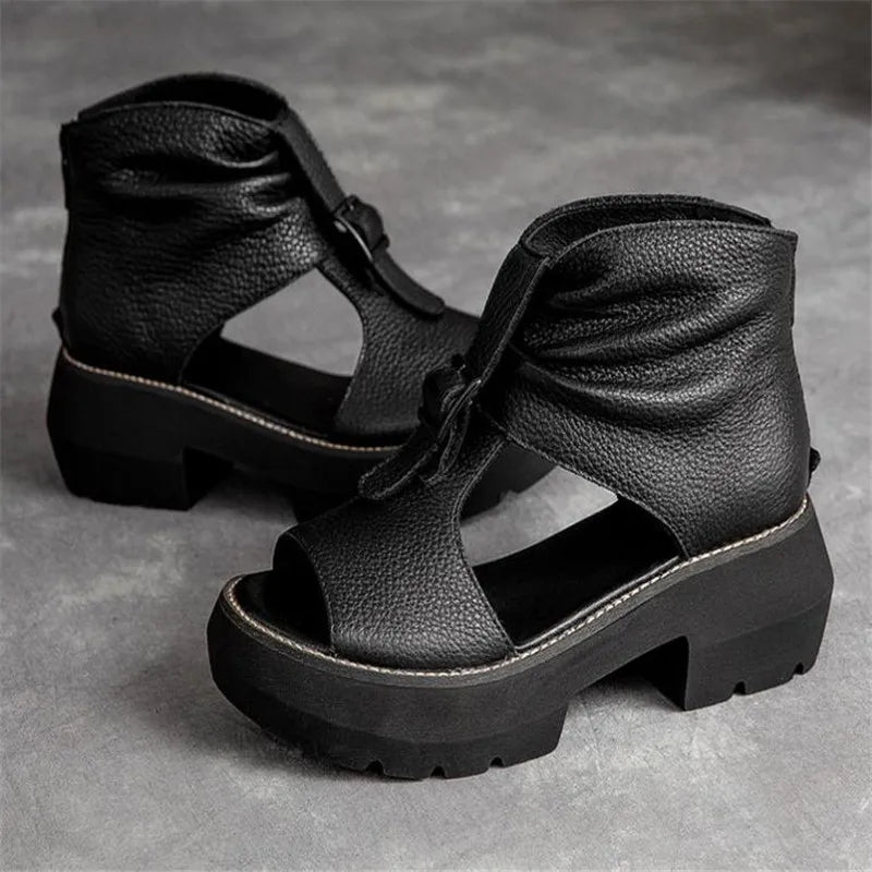 Vintage Genuine Leather Sandals Mid Heel Summer Fish Mouth Ladies Shoes Summer Shoes Casual Mother Sandals