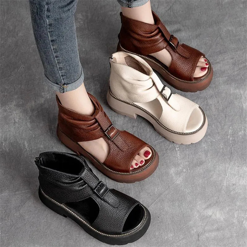 Vintage Genuine Leather Sandals Mid Heel Summer Fish Mouth Ladies Shoes Summer Shoes Casual Mother Sandals