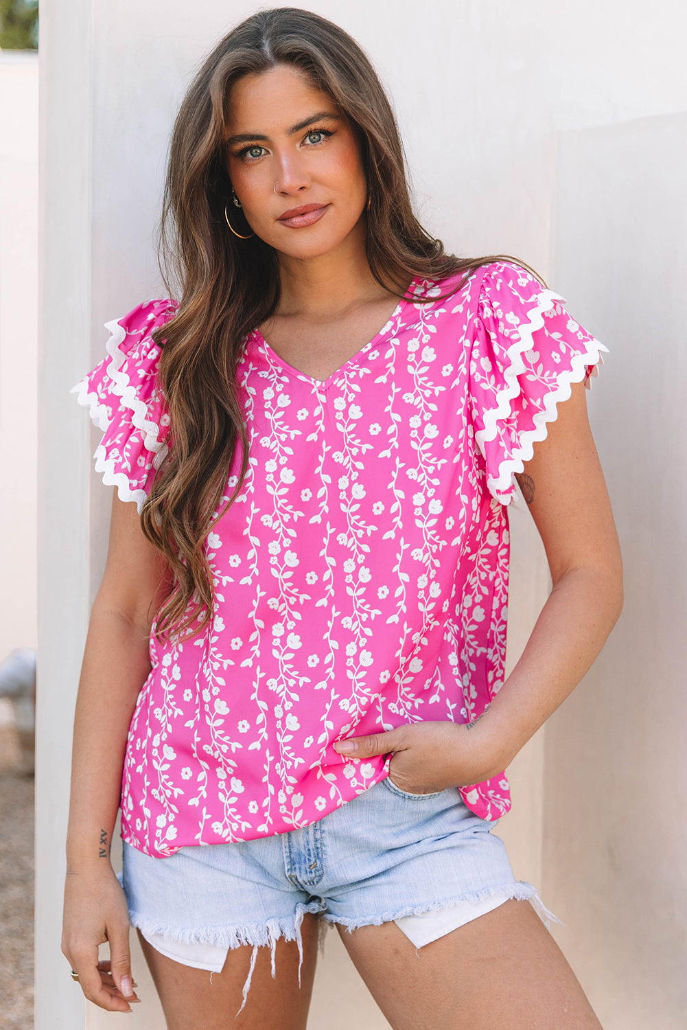Rayna Floral Ric-rac Tiered Ruffled V Neck Blouse-0