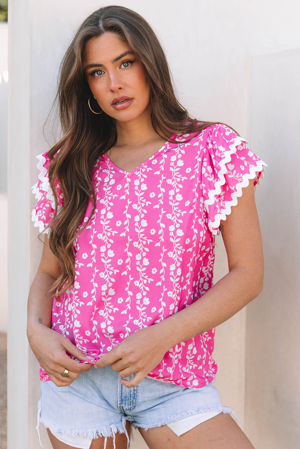 Rayna Floral Ric-rac Tiered Ruffled V Neck Blouse-3