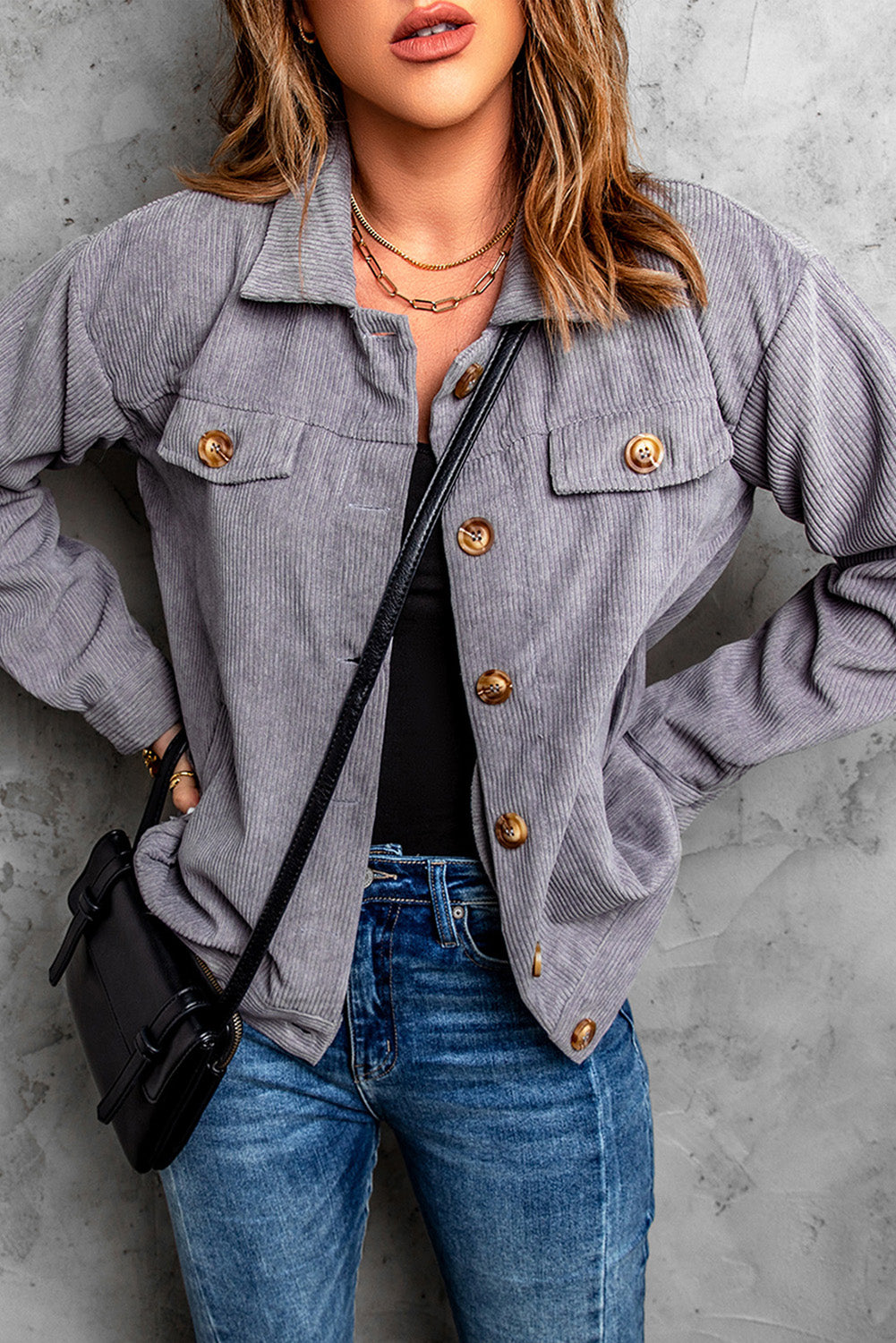 Shaunna Ribbed Corduroy Long Sleeve Jacket with Pocket-2