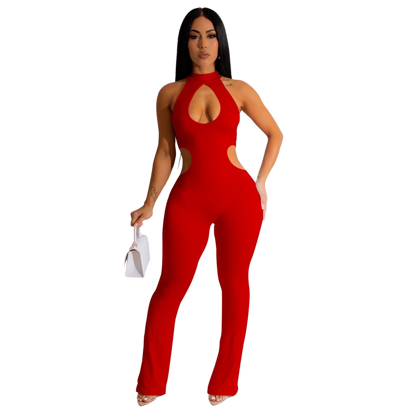 Women's Solid Color Sexy Halter Hollow-out Jumpsuit