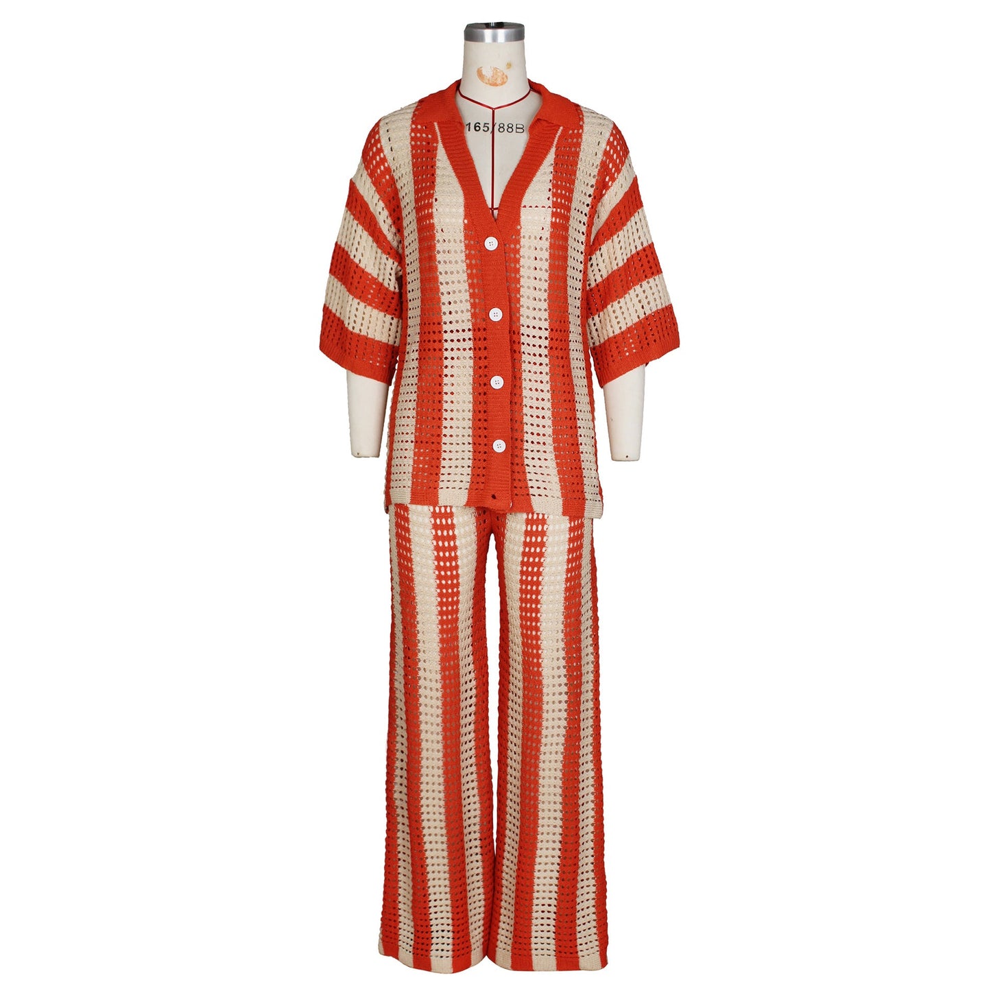 Women's Sexy V-neck Hollow Striped Lapel Knitted Width Blouse And Pants