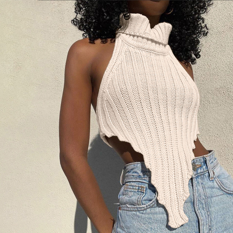 Women's Solid Color Turtleneck Irregular Slim Fit Knit Tank Top