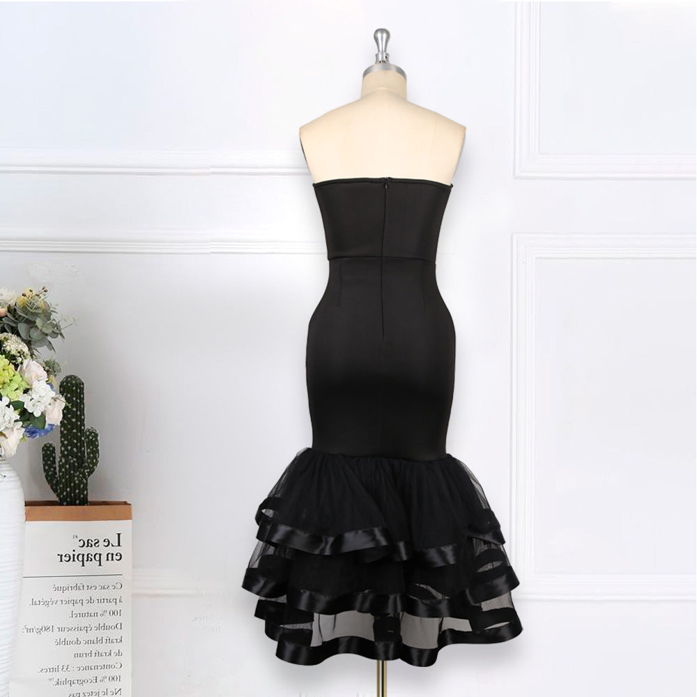 Sexy Tube Top High Waist Hip Mesh Stitching Cocktail Party Banquet Dress