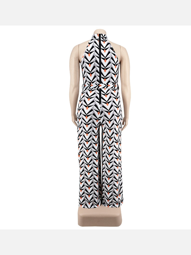 Plus Size Geometric Print Wide Leg Sleeveless Jumpsuits