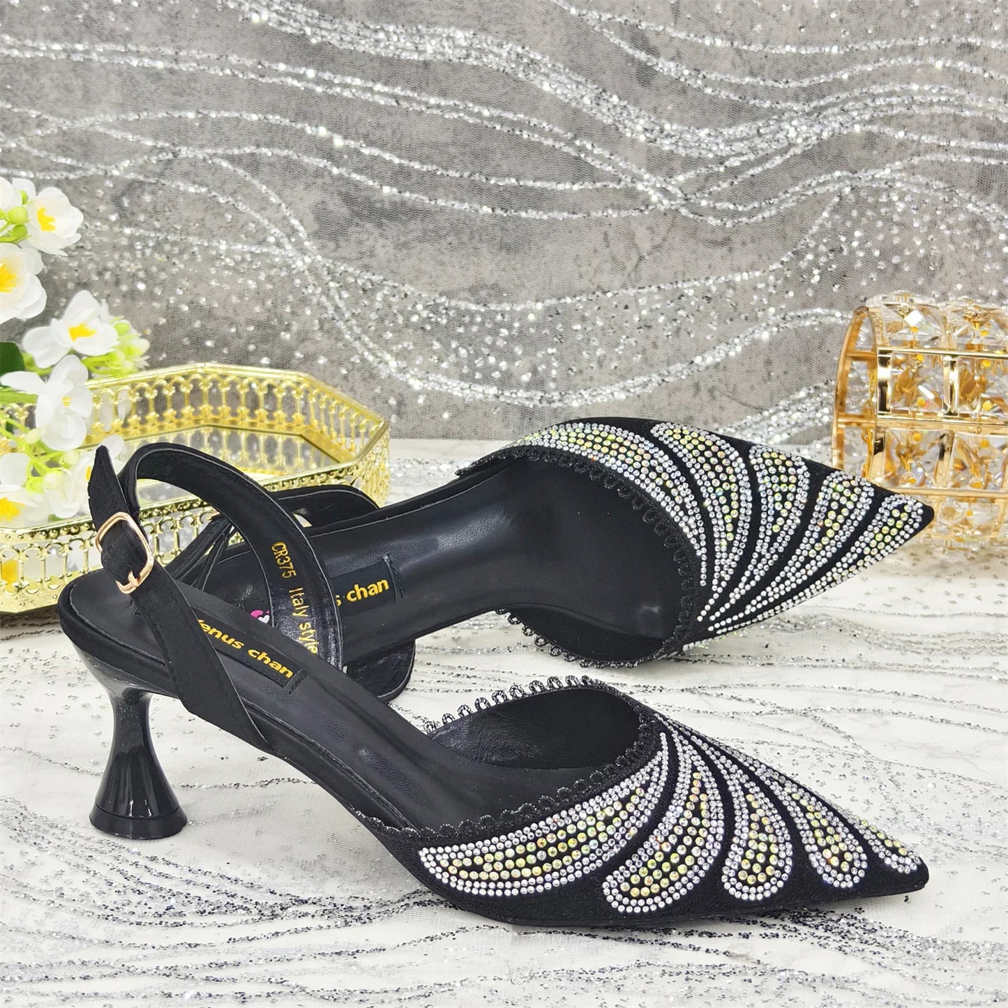 Venus Chan 2025 New Shoes and Bag to Match Orange Colour Pointed-Toe Diamond-Studded Party Women's High Heels Ms. Banguet Scene
