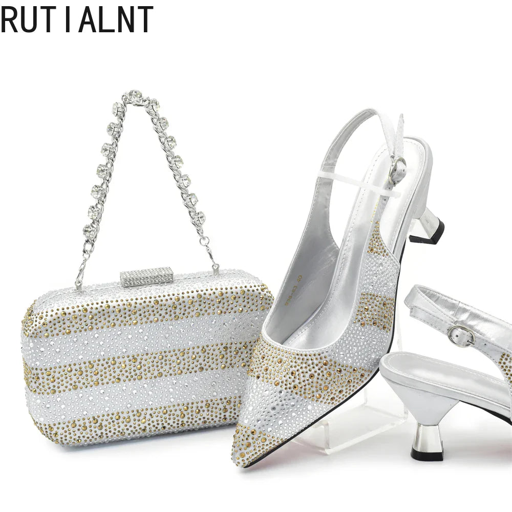 RUTIALNT Silver & Gold Crystal Shoe and Bag Set for Women