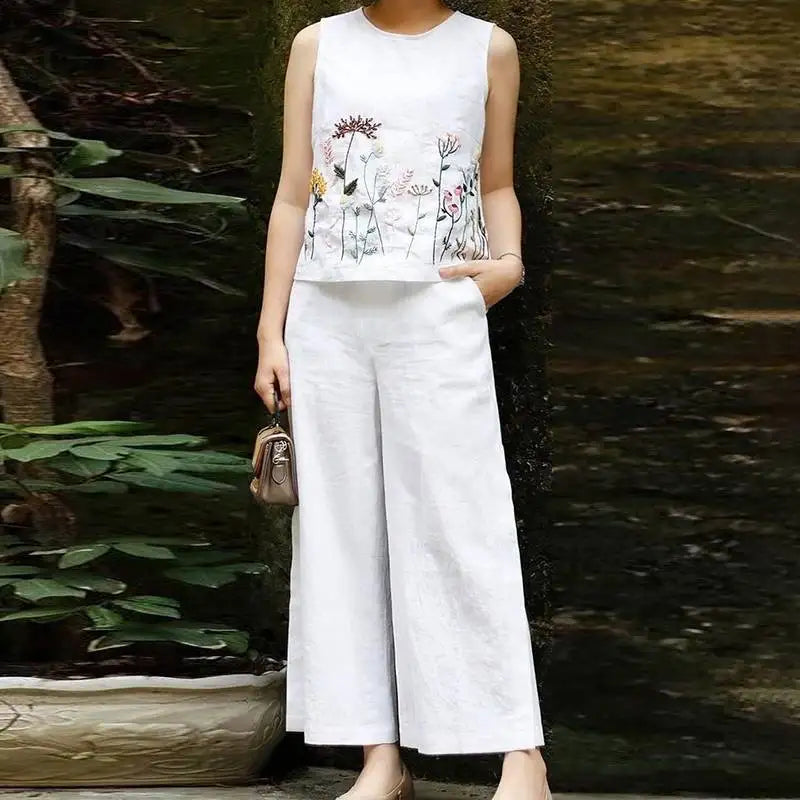 Vintage Women Sleeveless Tops Wide Leg Pant Sets Summer Matching Sets ZANZEA 2PCS Embroidery Floral Trousers Suits Tracksuit
