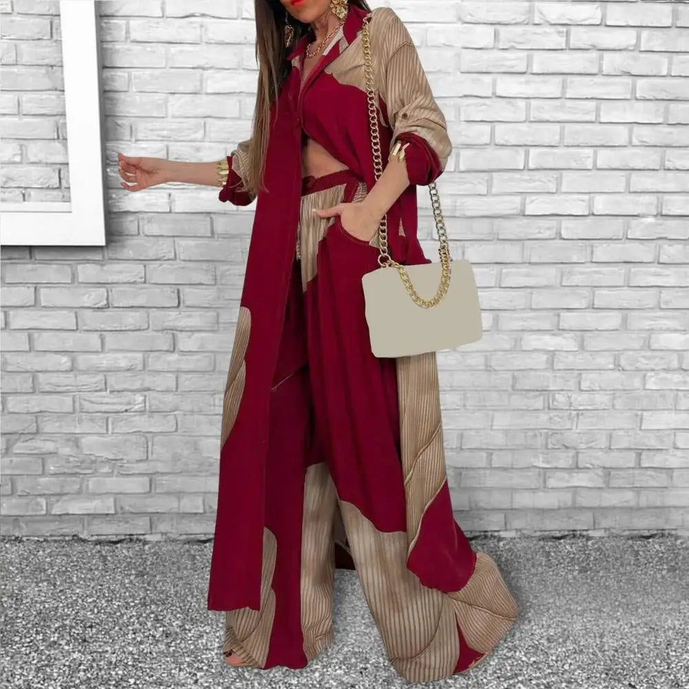 Two-piece Suit Women Contrasting Color Suit Stylish Women's V-neck Patchwork Printed Suit for Various Occasions Loose Fit Top